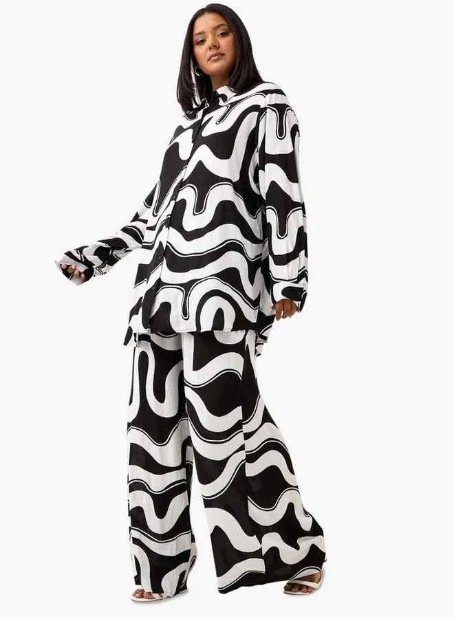 Ulla Popken Plus Size Ulla Popken All-Over Print Shirt with Long Sleeves
