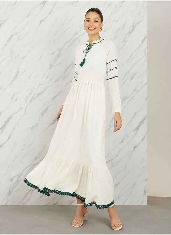 Styli Maxi Long Sleeve Embroidered A-Line Dress