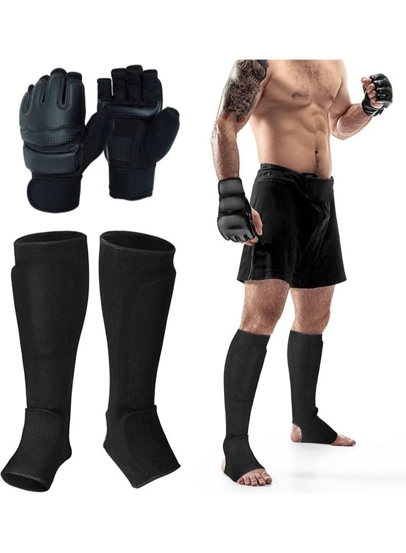 Apustim Boxing Gloves With Shin Guards，Taekwondo Shin Guards，Martial Arts Punching Bag Gloves，Boxing Gloves，Taekwondo Shin Guards，Suitable For Men And Women Sports Training Sparring （Black） - Image 1