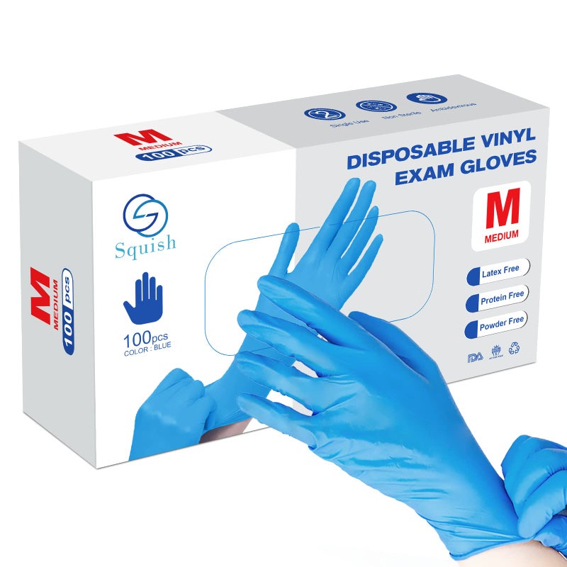 squish Disposable Gloves Blue 4 mil Vinyl Synmax Blend Exam Gloves Non Sterile Powder Free Latex Free Cleaning Supplies Kitchen and Food SafePack of 100 Blue Medium