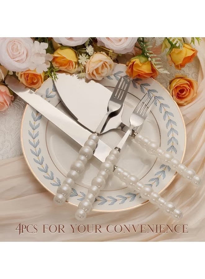 NIBEMINENT 4 PCS Pearl Wedding Cake Knife and Server Set with Forks, Ceramic Pearl Handle Cake Cutting Set for Wedding, Stainless Steel Pie Cutter Pizza Spatula, Wedding/Birthday/Anniversary Bridal Gift, Engagement Gift for Couples (Silver) - Image 3