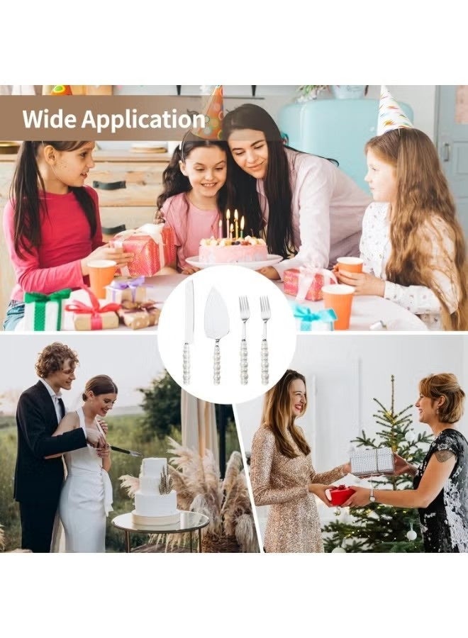 NIBEMINENT 4 PCS Pearl Wedding Cake Knife and Server Set with Forks, Ceramic Pearl Handle Cake Cutting Set for Wedding, Stainless Steel Pie Cutter Pizza Spatula, Wedding/Birthday/Anniversary Bridal Gift, Engagement Gift for Couples (Silver) - Image 5