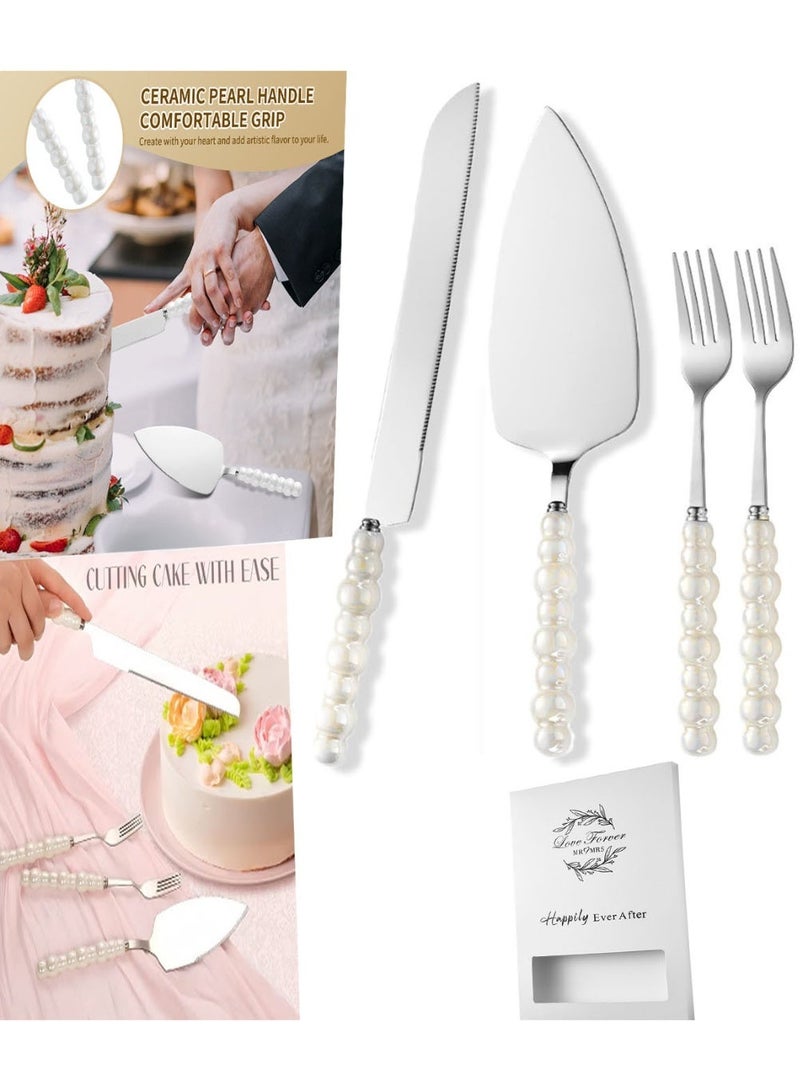 NIBEMINENT 4 PCS Pearl Wedding Cake Knife and Server Set with Forks, Ceramic Pearl Handle Cake Cutting Set for Wedding, Stainless Steel Pie Cutter Pizza Spatula, Wedding/Birthday/Anniversary Bridal Gift, Engagement Gift for Couples (Silver) - Image 1