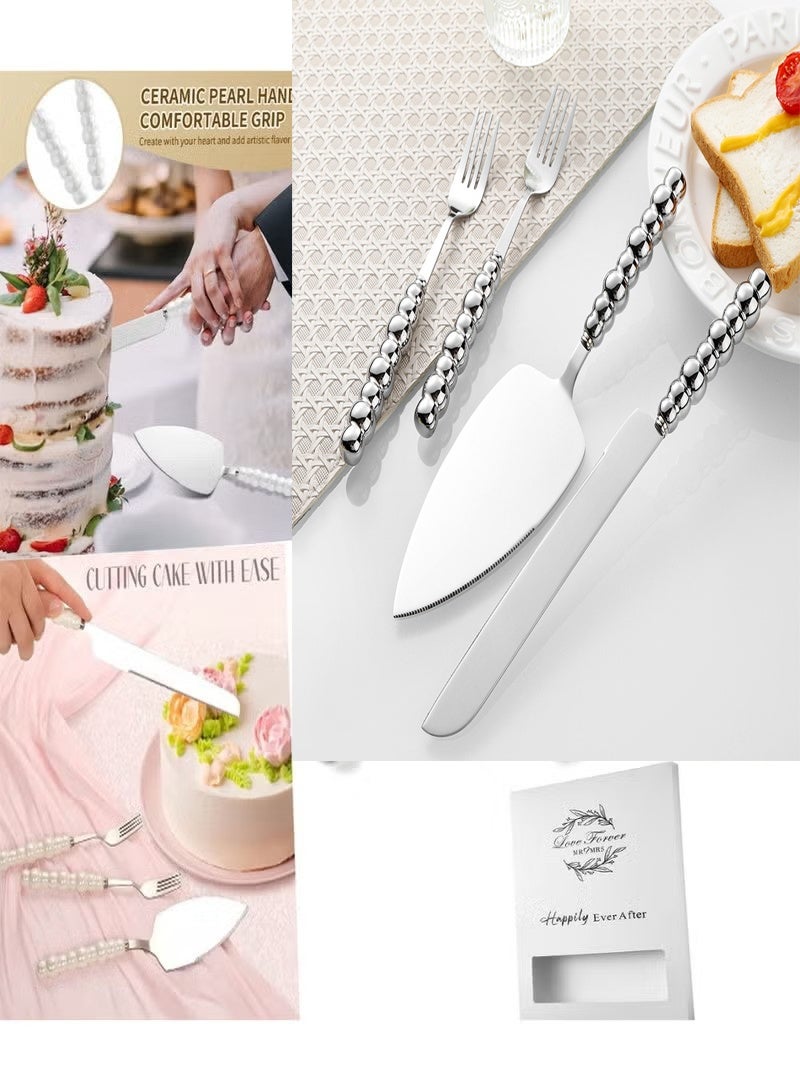 NIBEMINENT 4 PCS Pearl Wedding Cake Knife and Server Set with Forks, Ceramic Pearl Handle Cake Cutting Set for Wedding, Stainless Steel Pie Cutter Pizza Spatula, Wedding/Birthday/Anniversary Bridal Gift, Engagement Gift for Couples (Silver) - Image 1