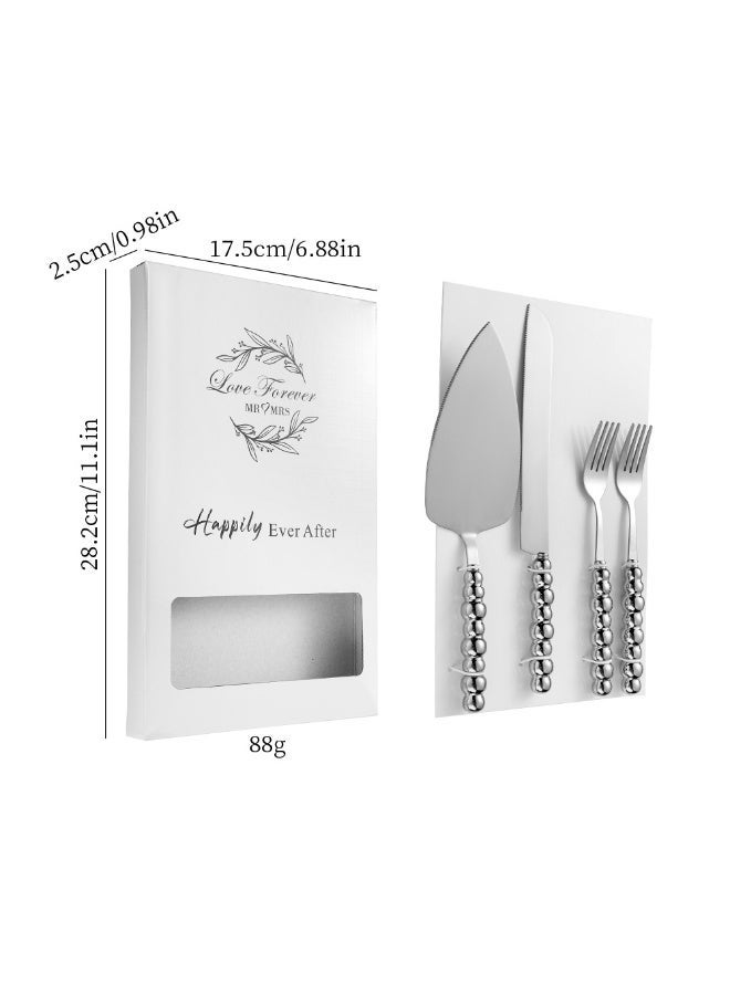 NIBEMINENT 4 PCS Pearl Wedding Cake Knife and Server Set with Forks, Ceramic Pearl Handle Cake Cutting Set for Wedding, Stainless Steel Pie Cutter Pizza Spatula, Wedding/Birthday/Anniversary Bridal Gift, Engagement Gift for Couples (Silver) - Image 2