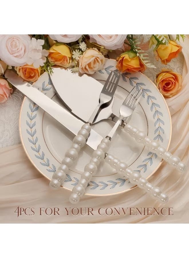 NIBEMINENT 4 PCS Pearl Wedding Cake Knife and Server Set with Forks, Ceramic Pearl Handle Cake Cutting Set for Wedding, Stainless Steel Pie Cutter Pizza Spatula, Wedding/Birthday/Anniversary Bridal Gift, Engagement Gift for Couples (Silver) - Image 4