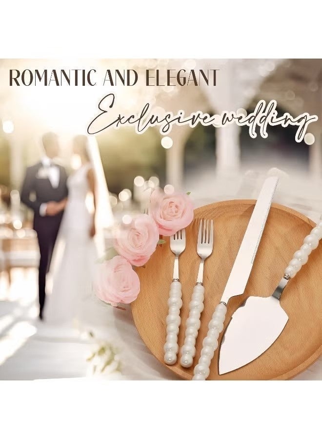 NIBEMINENT 4 PCS Pearl Wedding Cake Knife and Server Set with Forks, Ceramic Pearl Handle Cake Cutting Set for Wedding, Stainless Steel Pie Cutter Pizza Spatula, Wedding/Birthday/Anniversary Bridal Gift, Engagement Gift for Couples (Silver) - Image 3