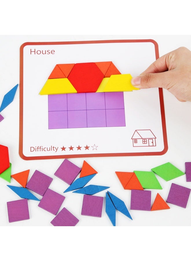 Tangram Puzzles for Kids, 155 Pcs Wooden Pattern Blocks with Cards and Magnetic Foam Pattern Block Geometric Shapes Blocks Educational Toys  - Image 2