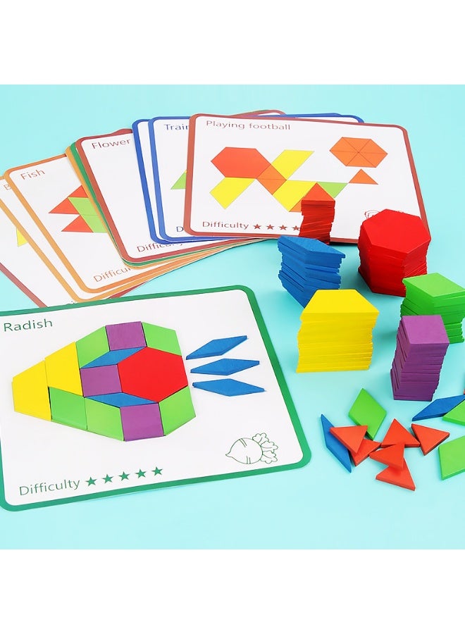 Tangram Puzzles for Kids, 155 Pcs Wooden Pattern Blocks with Cards and Magnetic Foam Pattern Block Geometric Shapes Blocks Educational Toys  - Image 1
