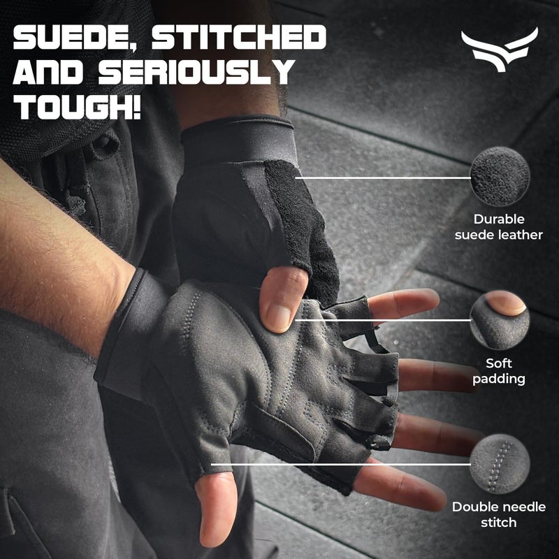 XTRIM Men Gym Gloves, Grey - Non Slip Grip Training Gloves with Padded Palm & Wrist Support - Nylon Cotton Blend Hand Gloves for Gym Workout, Weightlifting, Dumbbells & Home Fitness Equipment, Large - Image 4