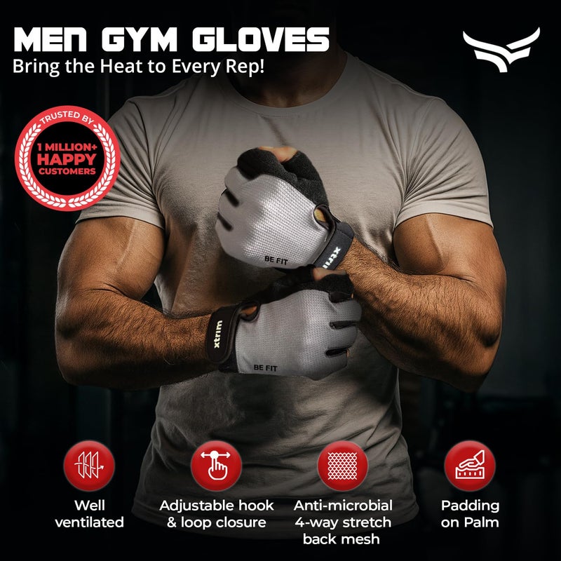 XTRIM Men Gym Gloves, Grey - Non Slip Grip Training Gloves with Padded Palm & Wrist Support - Nylon Cotton Blend Hand Gloves for Gym Workout, Weightlifting, Dumbbells & Home Fitness Equipment, Large - Image 2