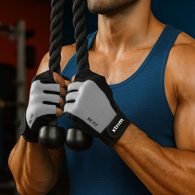 XTRIM Men Gym Gloves, Grey - Non Slip Grip Training Gloves with Padded Palm & Wrist Support - Nylon Cotton Blend Hand Gloves for Gym Workout, Weightlifting, Dumbbells & Home Fitness Equipment, Large - Image 1