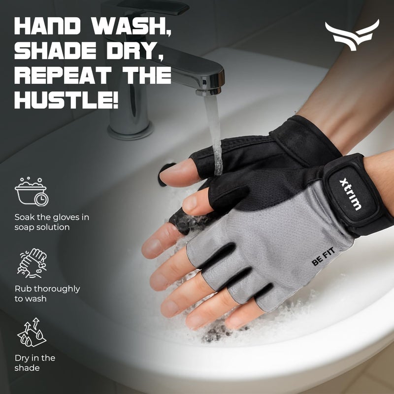 XTRIM Men Gym Gloves, Grey - Non Slip Grip Training Gloves with Padded Palm & Wrist Support - Nylon Cotton Blend Hand Gloves for Gym Workout, Weightlifting, Dumbbells & Home Fitness Equipment, Large - Image 5