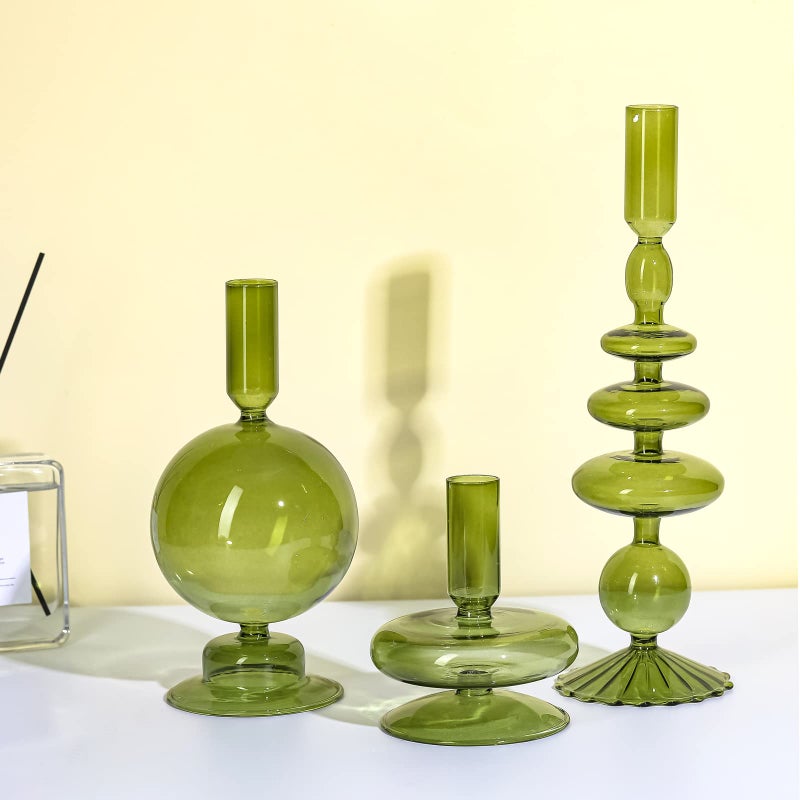 Rtteri 3 Pcs Glass Candlestick Holders Glass Candle Holders Groovy Wavy Elegant Taper Candle Stick for Wedding Home Birthday Party Christmas Halloween Decoration Windowsill DecorGreen