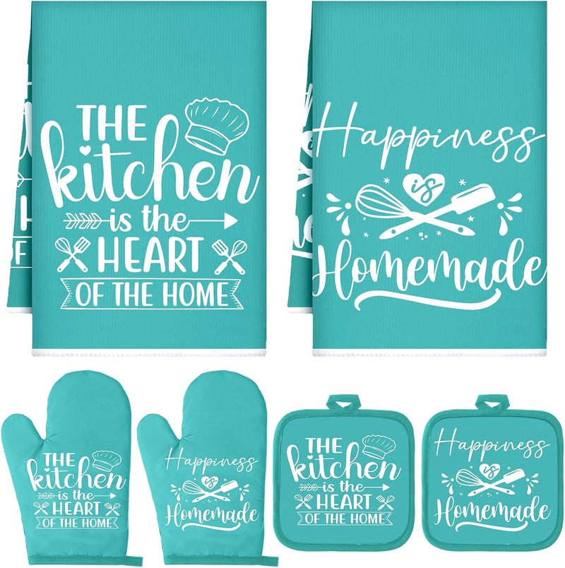 Sratte 6 Pcs Kitchen Decor Accessories Set Farmhouse Towels Pot Holders Oven Mitts Set 2 Dish Towels 2 Potholders 2 Cooking Mittens Oven Glove for Baking Cooking Supply (Light Teal,Kitchen) - Image 1