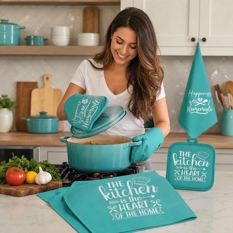 Sratte 6 Pcs Kitchen Decor Accessories Set Farmhouse Towels Pot Holders Oven Mitts Set 2 Dish Towels 2 Potholders 2 Cooking Mittens Oven Glove for Baking Cooking Supply (Light Teal,Kitchen) - Image 4