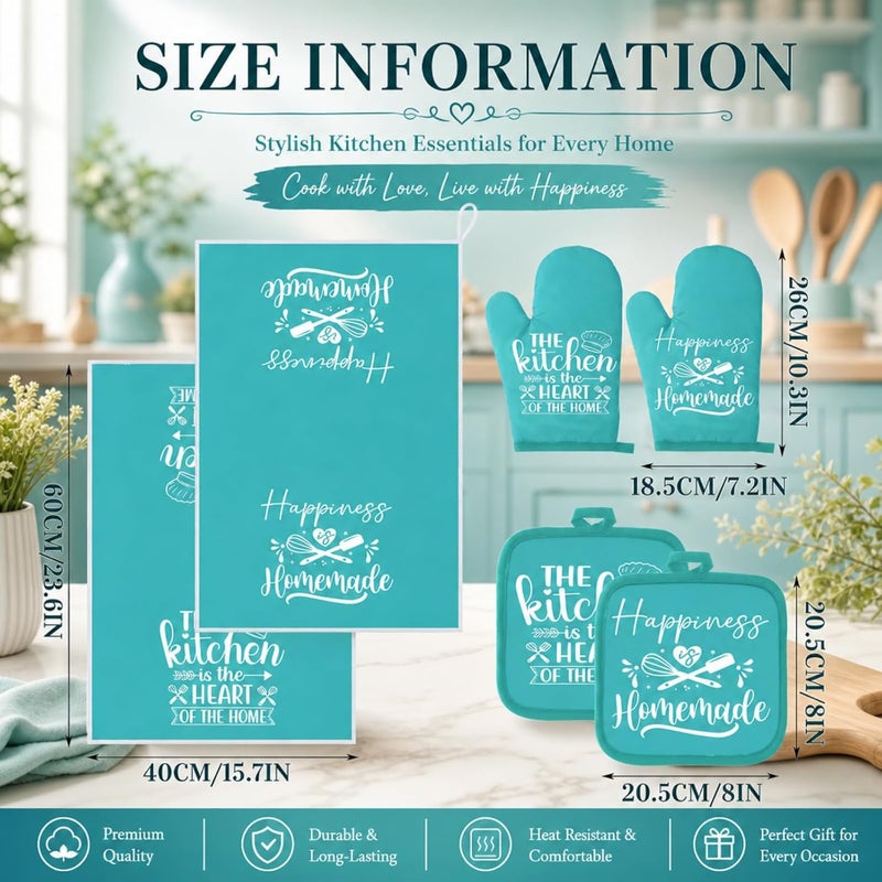 Sratte 6 Pcs Kitchen Decor Accessories Set Farmhouse Towels Pot Holders Oven Mitts Set 2 Dish Towels 2 Potholders 2 Cooking Mittens Oven Glove for Baking Cooking Supply (Light Teal,Kitchen) - Image 3