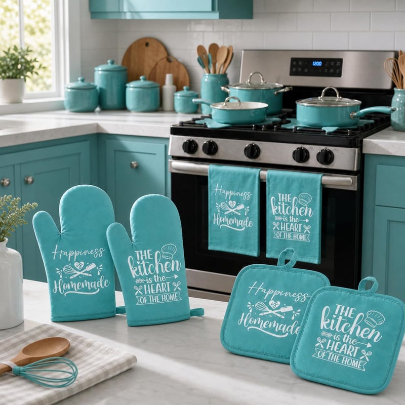 Sratte 6 Pcs Kitchen Decor Accessories Set Farmhouse Towels Pot Holders Oven Mitts Set 2 Dish Towels 2 Potholders 2 Cooking Mittens Oven Glove for Baking Cooking Supply (Light Teal,Kitchen) - Image 2