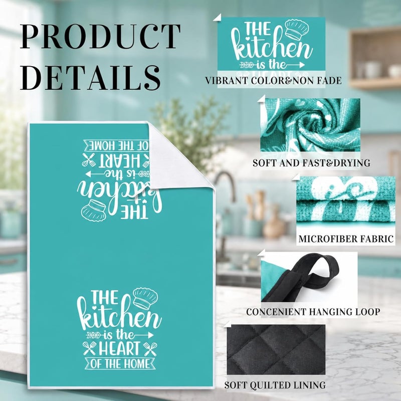 Sratte 6 Pcs Kitchen Decor Accessories Set Farmhouse Towels Pot Holders Oven Mitts Set 2 Dish Towels 2 Potholders 2 Cooking Mittens Oven Glove for Baking Cooking Supply (Light Teal,Kitchen) - Image 5