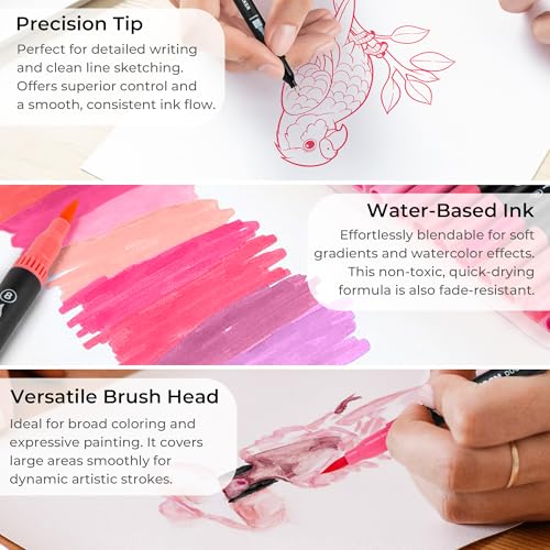 ZSCM Pink Duo Tip Marker Pens, 12 Pack Fine & Brush Markers for Adult Coloring Books No Bleeding, Blushing Pink Markers for Romantic Illustrations, Floral Designs, Cute Doodling and Lettering - Image 3