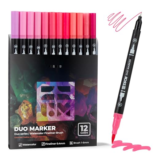 ZSCM Pink Duo Tip Marker Pens, 12 Pack Fine & Brush Markers for Adult Coloring Books No Bleeding, Blushing Pink Markers for Romantic Illustrations, Floral Designs, Cute Doodling and Lettering - Image 1