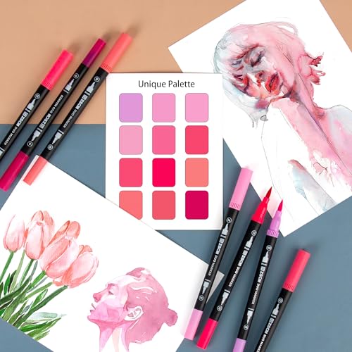 ZSCM Pink Duo Tip Marker Pens, 12 Pack Fine & Brush Markers for Adult Coloring Books No Bleeding, Blushing Pink Markers for Romantic Illustrations, Floral Designs, Cute Doodling and Lettering - Image 4