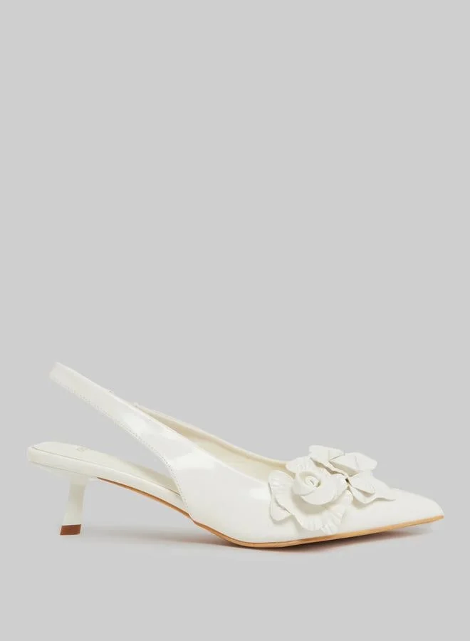 Styli Off-White Floral Slingback Kitten Heels Shoes