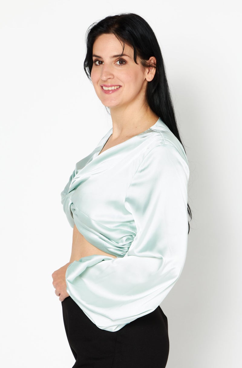 Yaura Women V-Neck Balloon Sleeve Satin Twist Top, Sage Green - Image 3