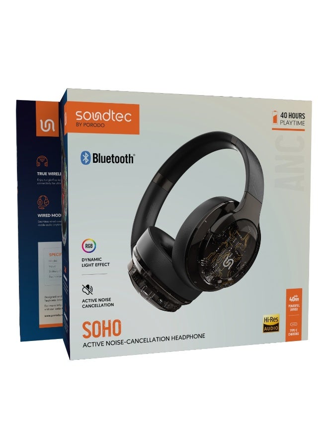 porodo Soundtec SOHO Wireless Headphones with ANC ( Active Noise Cancellation ) and Immersive Audio / Truewireless Headphones / 600mAh Battery True Wireless Headphones / Hands-Free Calls / RGB Lights- Black - Image 3