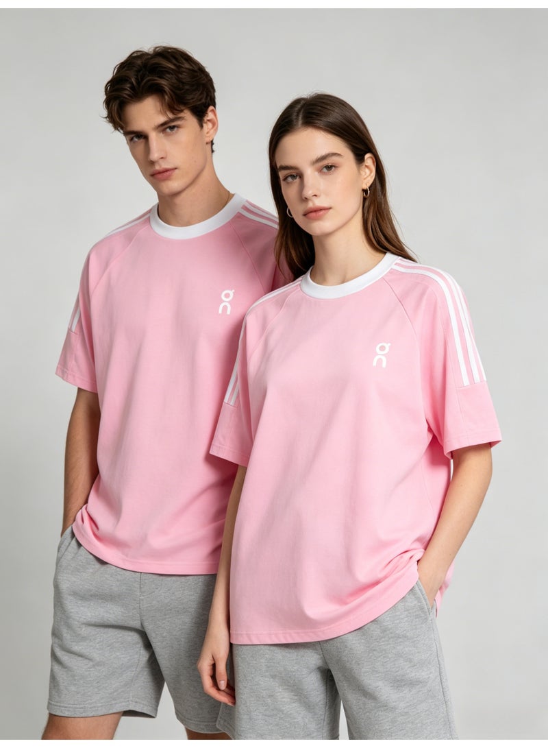 اون راننج On Unisex Pastel Pink Raglan 3 White Stripe Sleeve White Trim Logo Couple T-Shirt - Image 5