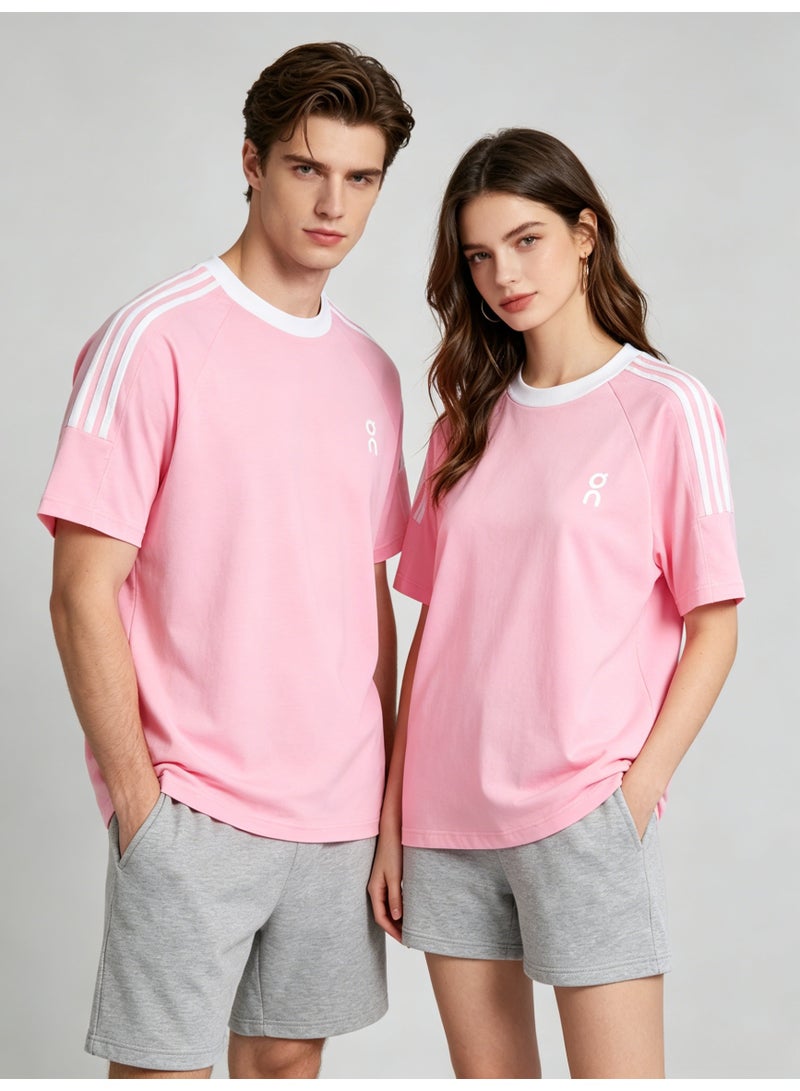 اون راننج On Unisex Pastel Pink Raglan 3 White Stripe Sleeve White Trim Logo Couple T-Shirt - Image 4
