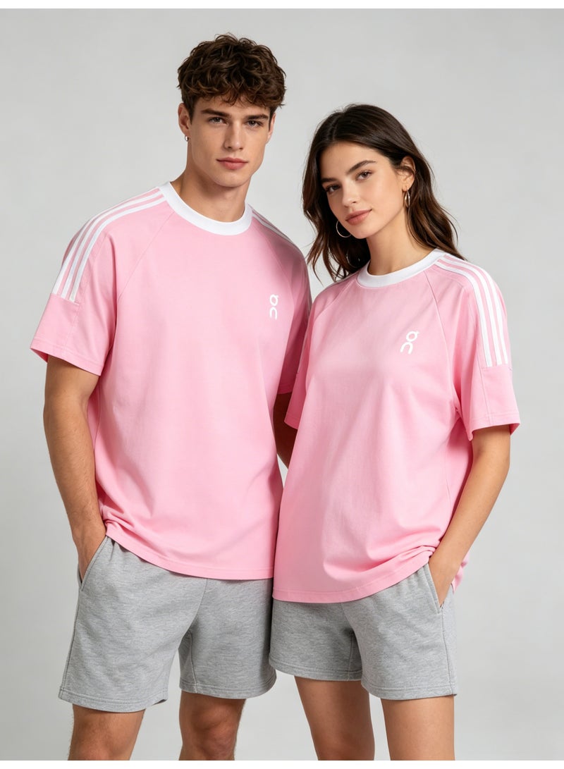 اون راننج On Unisex Pastel Pink Raglan 3 White Stripe Sleeve White Trim Logo Couple T-Shirt - Image 2