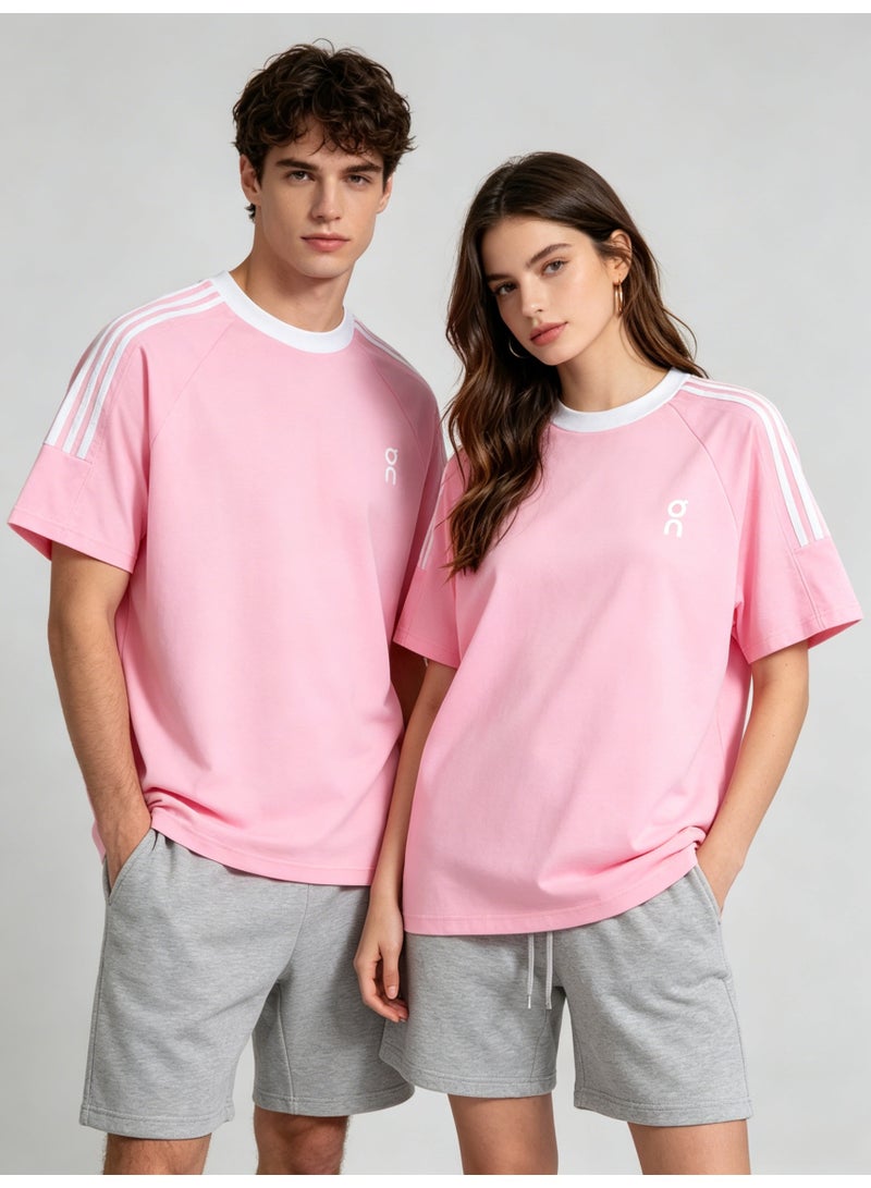 اون راننج On Unisex Pastel Pink Raglan 3 White Stripe Sleeve White Trim Logo Couple T-Shirt - Image 1