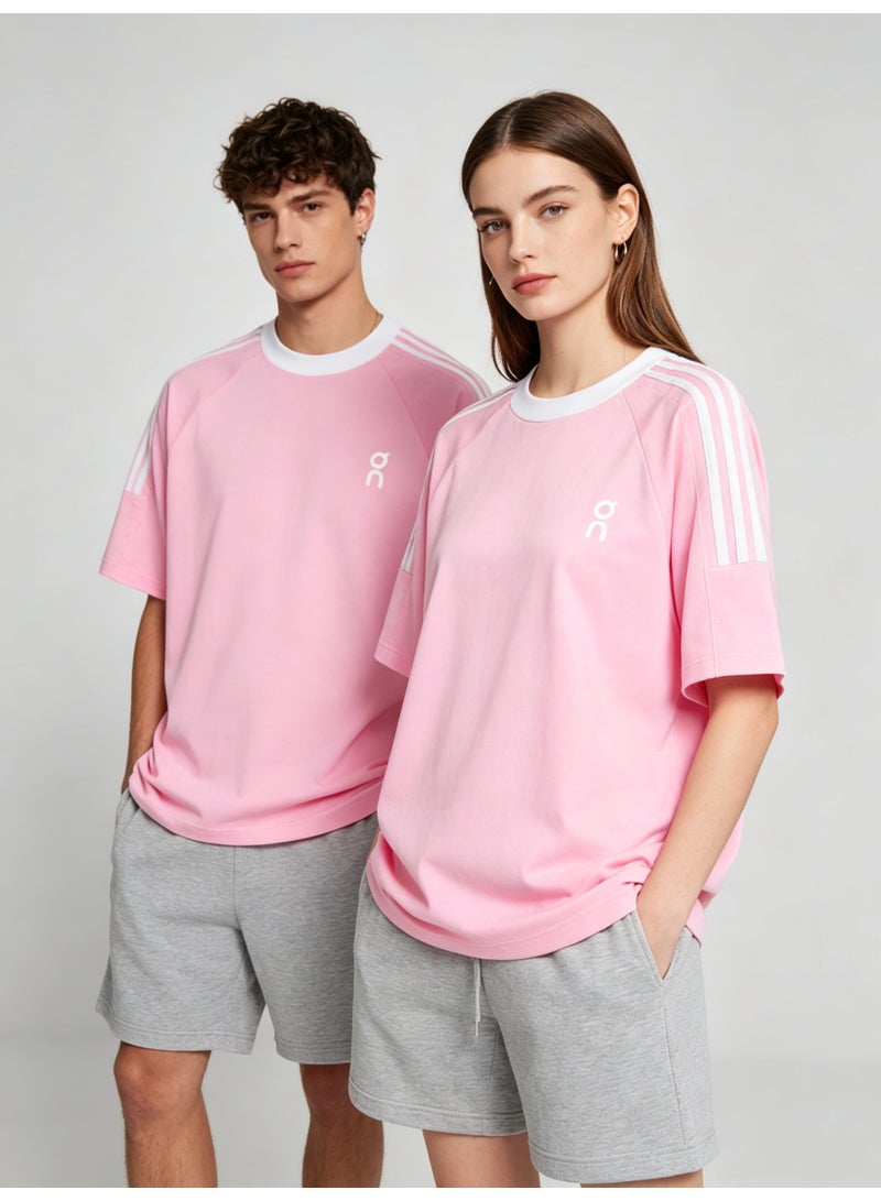 اون راننج On Unisex Pastel Pink Raglan 3 White Stripe Sleeve White Trim Logo Couple T-Shirt - Image 3