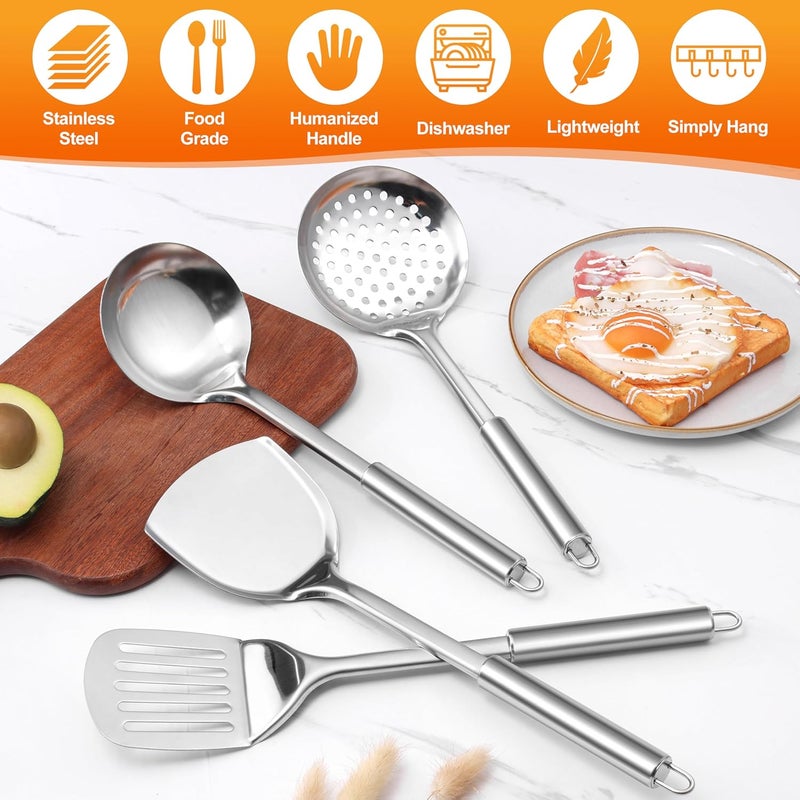 E-far Stainless Steel Cooking Utensils, 4-Piece Heat Resistant Kitchen Utensils Set, Non-toxic Metal Kitchen Tools Spatulas Set Including Soup Ladle, Slotted/Solid Turner, Skimmer, Dishwasher Safe - Image 4