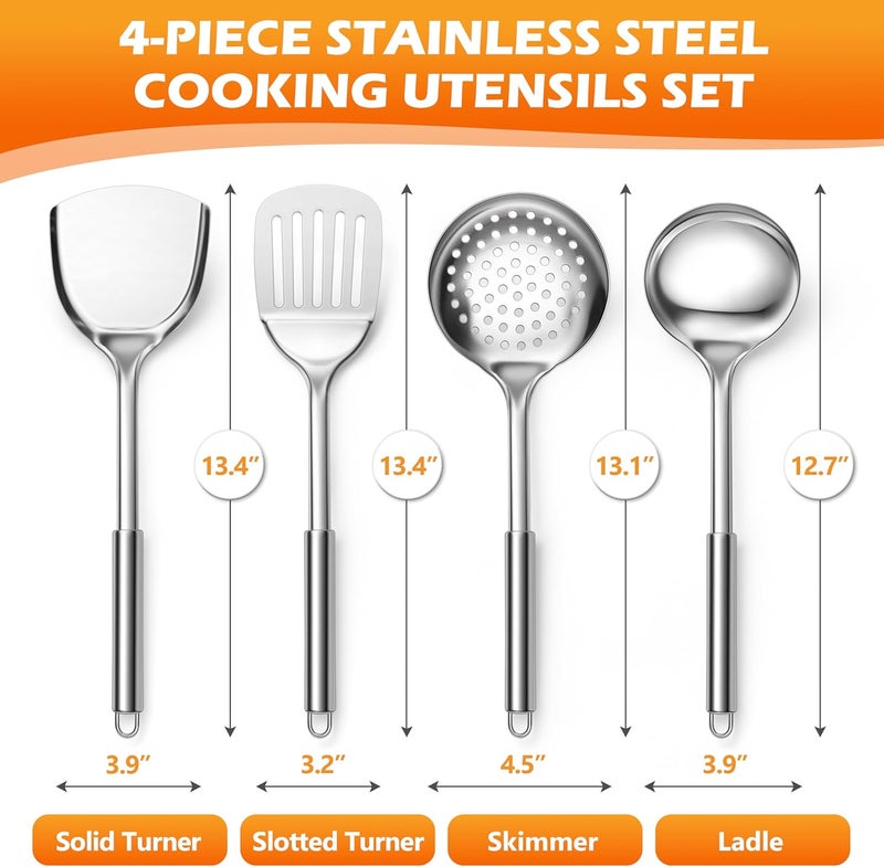 E-far Stainless Steel Cooking Utensils, 4-Piece Heat Resistant Kitchen Utensils Set, Non-toxic Metal Kitchen Tools Spatulas Set Including Soup Ladle, Slotted/Solid Turner, Skimmer, Dishwasher Safe - Image 2