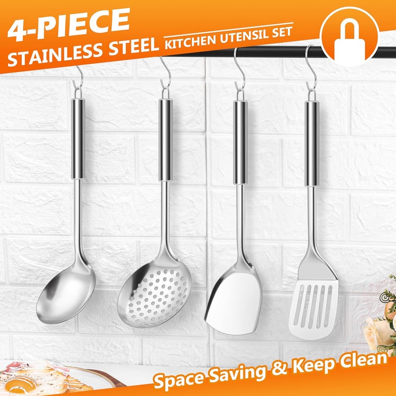 E-far Stainless Steel Cooking Utensils, 4-Piece Heat Resistant Kitchen Utensils Set, Non-toxic Metal Kitchen Tools Spatulas Set Including Soup Ladle, Slotted/Solid Turner, Skimmer, Dishwasher Safe - Image 5