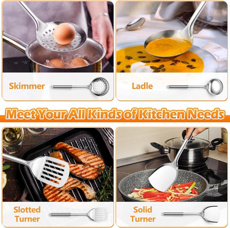 E-far Stainless Steel Cooking Utensils, 4-Piece Heat Resistant Kitchen Utensils Set, Non-toxic Metal Kitchen Tools Spatulas Set Including Soup Ladle, Slotted/Solid Turner, Skimmer, Dishwasher Safe - Image 3