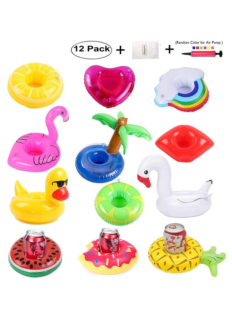 بيوينتي حامل الأكواب القابل للنفخ على شكل قلب دونات فلامنغو، حامل/قاعدة/مسند الأكواب العائم القابل للنفخ للمشروبات، 12 تصميمًا مع مضخة هواء صغيرة - Image 1
