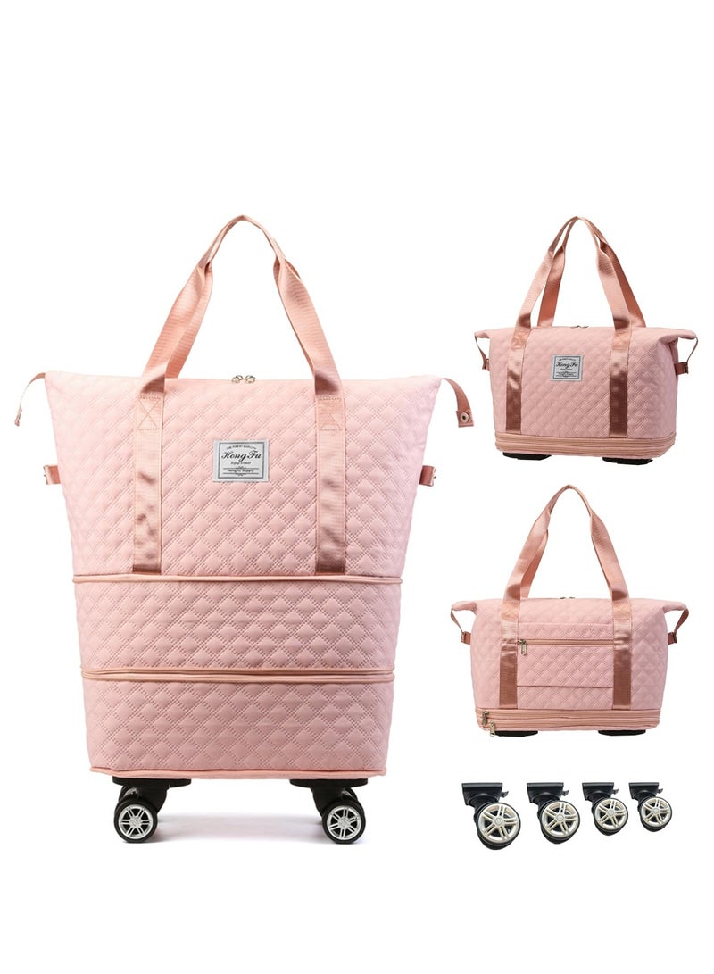 XiuWoo Travel Duffel Bag Expandable with Detachable Spinner Wheels Weekender Carry-On Tote Bags Foldable Shoulder Handbag for Women, light pink - Image 1