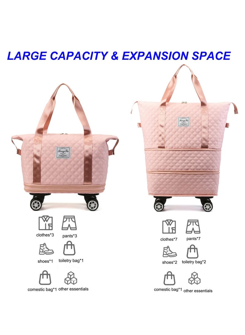 XiuWoo Travel Duffel Bag Expandable with Detachable Spinner Wheels Weekender Carry-On Tote Bags Foldable Shoulder Handbag for Women, light pink - Image 4
