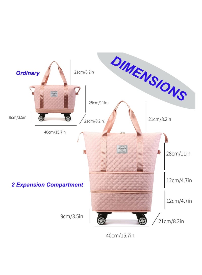 XiuWoo Travel Duffel Bag Expandable with Detachable Spinner Wheels Weekender Carry-On Tote Bags Foldable Shoulder Handbag for Women, light pink - Image 2