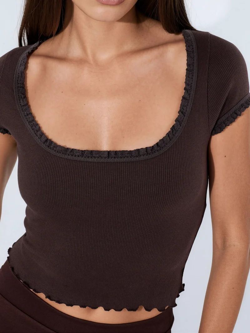 بوسيم BUSEM Slim Fit U Neck Ribbed Blouse