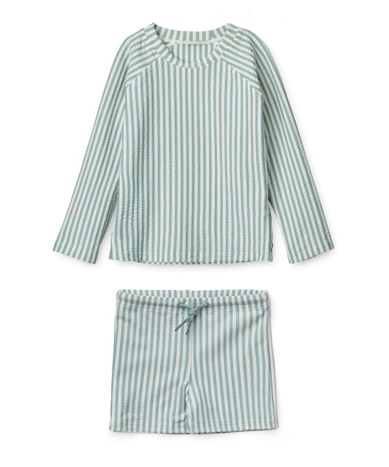 LDIOIF Boys Two Piece Swimsuit Rash Guard Set Long Sleeve Swim Shirt Swim Trunks & Shorts Blue Stripe Seersucker Bathing Suit - Image 1