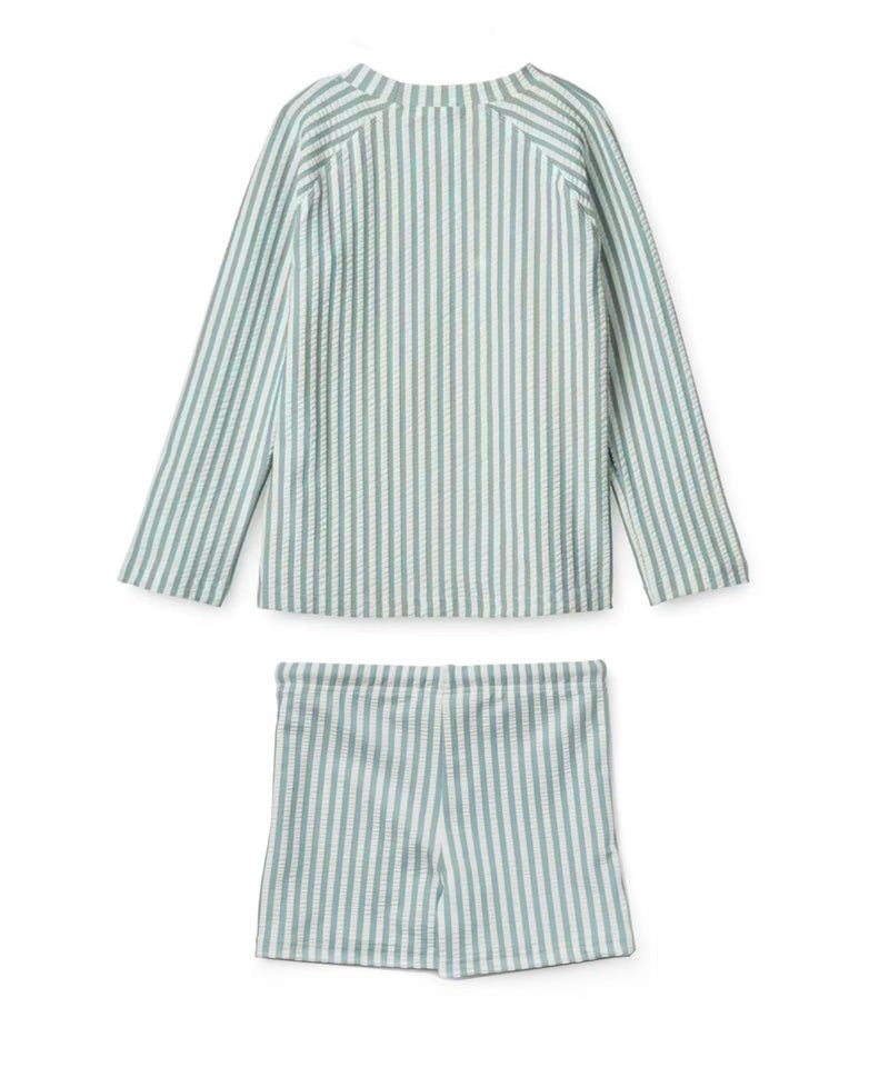 LDIOIF Boys Two Piece Swimsuit Rash Guard Set Long Sleeve Swim Shirt Swim Trunks & Shorts Blue Stripe Seersucker Bathing Suit - Image 4