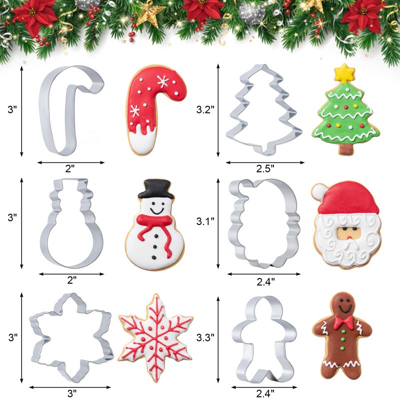 Husfunov Christmas Cookie Cutters Set 6 Pieces,Stainless Steel Metal Cutter with Christmas Tree, Gingerbread Man, Snowman, Snowflake, Candy Cane, Santa Face Shapes for Holiday - Image 2