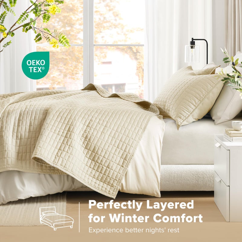 Comfort Spaces Kienna Quilt Set-Luxury Double Sided Stitching Design Summer Blanket, Lightweight, Soft, All Season Bedding Layer, Matching Sham, Ivory, Coverlet King (104"x90") 3 Piece - Image 3