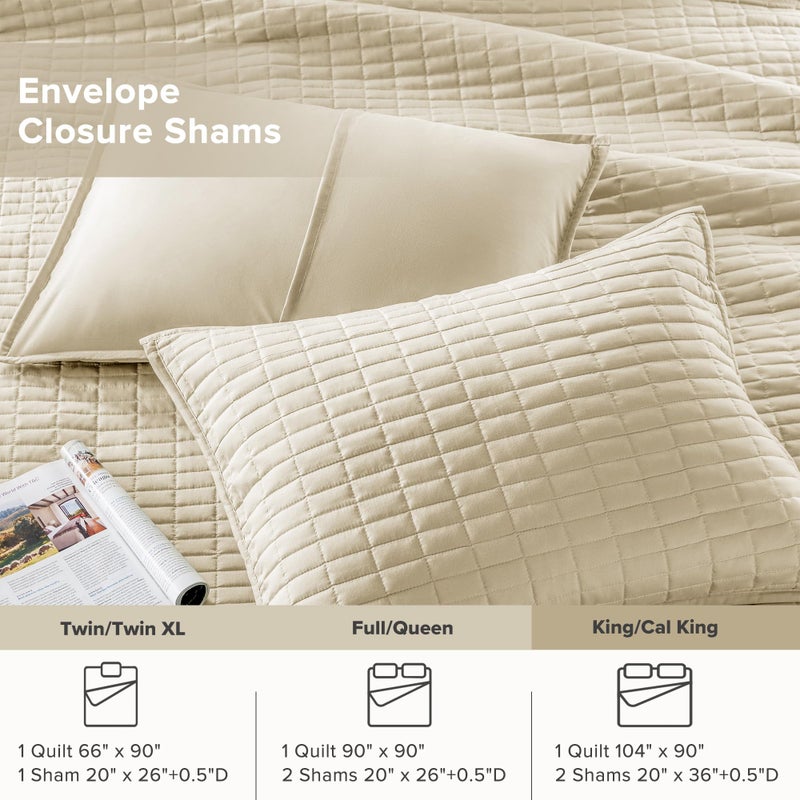 Comfort Spaces Kienna Quilt Set-Luxury Double Sided Stitching Design Summer Blanket, Lightweight, Soft, All Season Bedding Layer, Matching Sham, Ivory, Coverlet King (104"x90") 3 Piece - Image 5