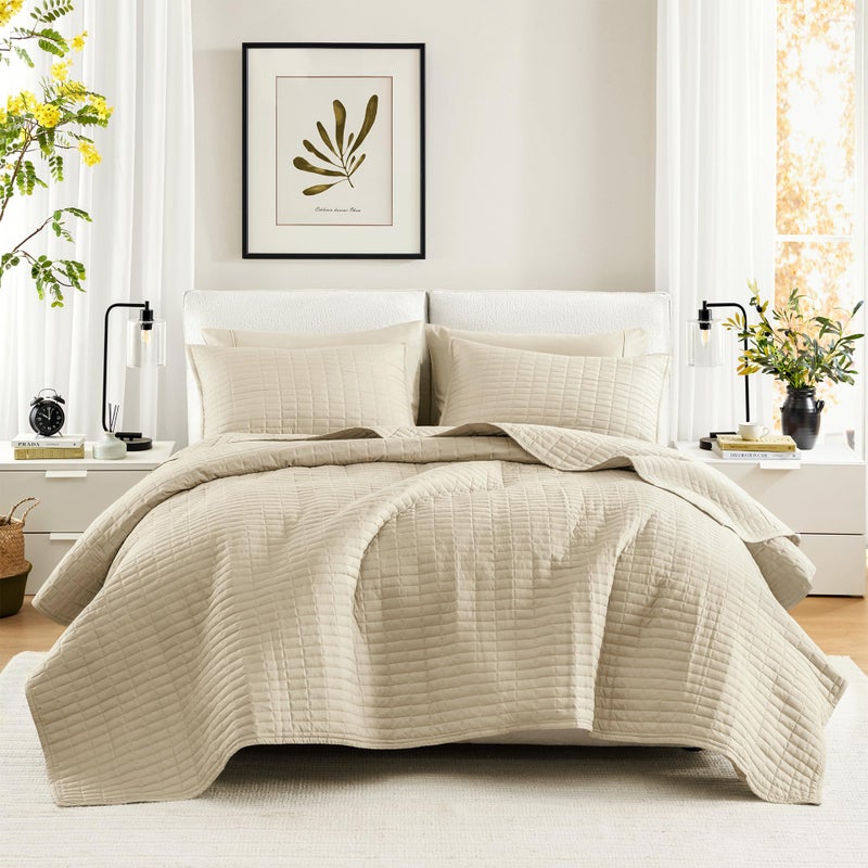 Comfort Spaces Kienna Quilt Set-Luxury Double Sided Stitching Design Summer Blanket, Lightweight, Soft, All Season Bedding Layer, Matching Sham, Ivory, Coverlet King (104"x90") 3 Piece - Image 1