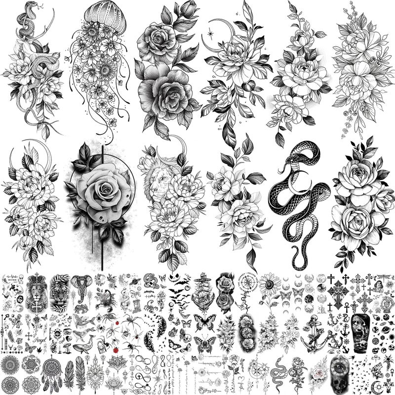Bilizar 64 Sheets Long Lasting Flower Temporary Fake Tattoos For Women Arm Neck Jellyfish Sunflower Moon Rose For Adults Girl 3D Temp Realistic Snake Tatoo Stickers Serpent Peony Floral Kids